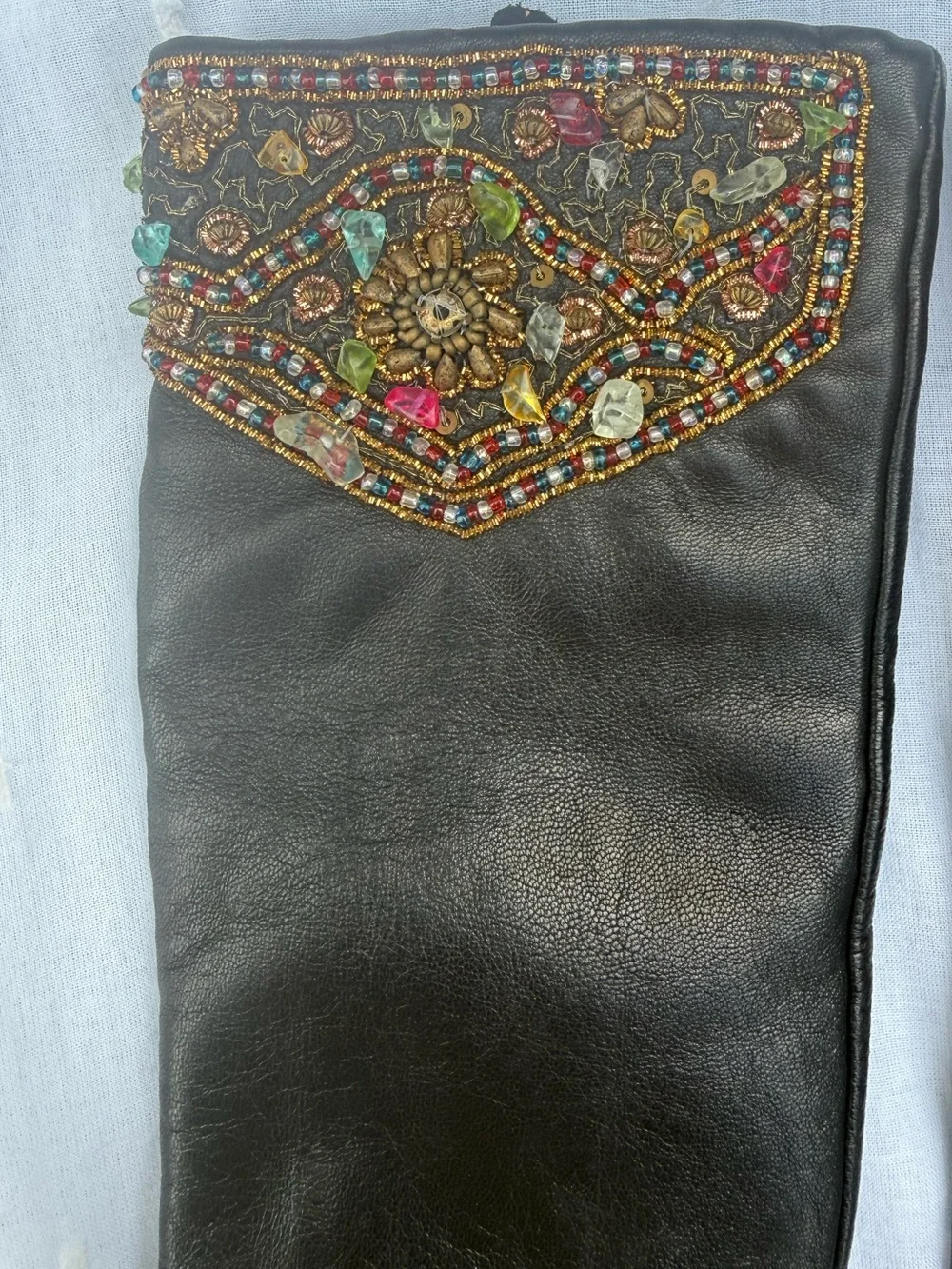 Vintage Beaded Cuff Genuine Leather Gloves Dark Brown Statement Accessories M